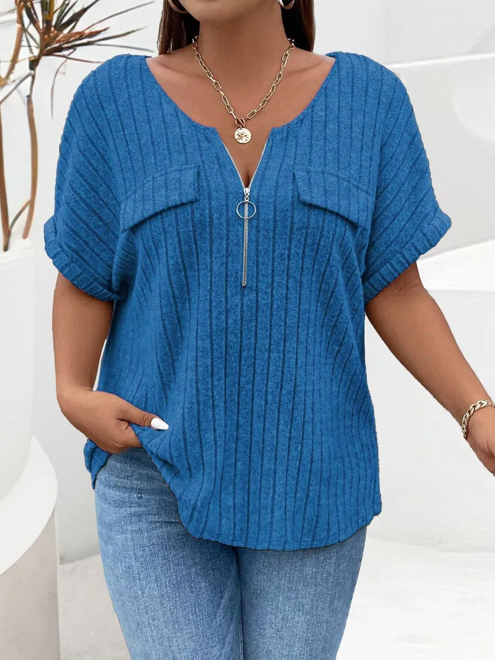 Plus Size Ribbed Half Zip Relaxed Fit T-Shirt, image 29