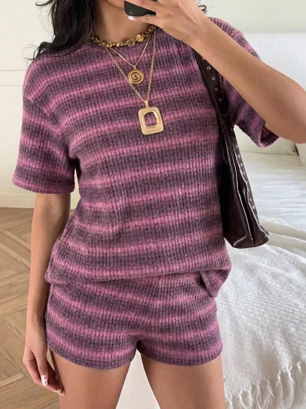 Striped Textured Knit Top and Shorts Set, image 14