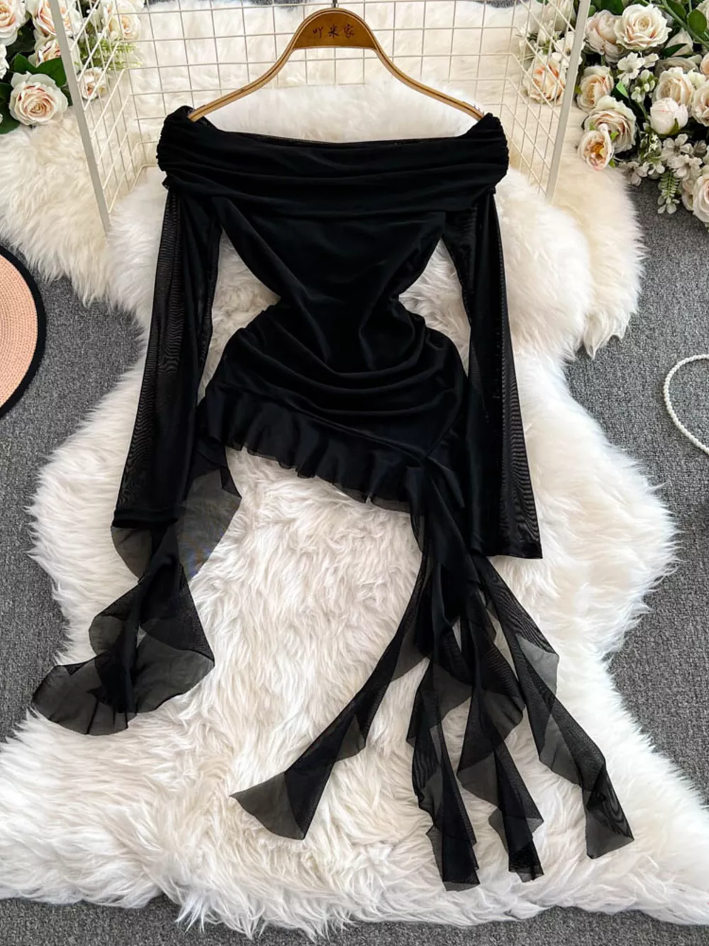 Off-Shoulder Ruffled Mesh Top, image 5