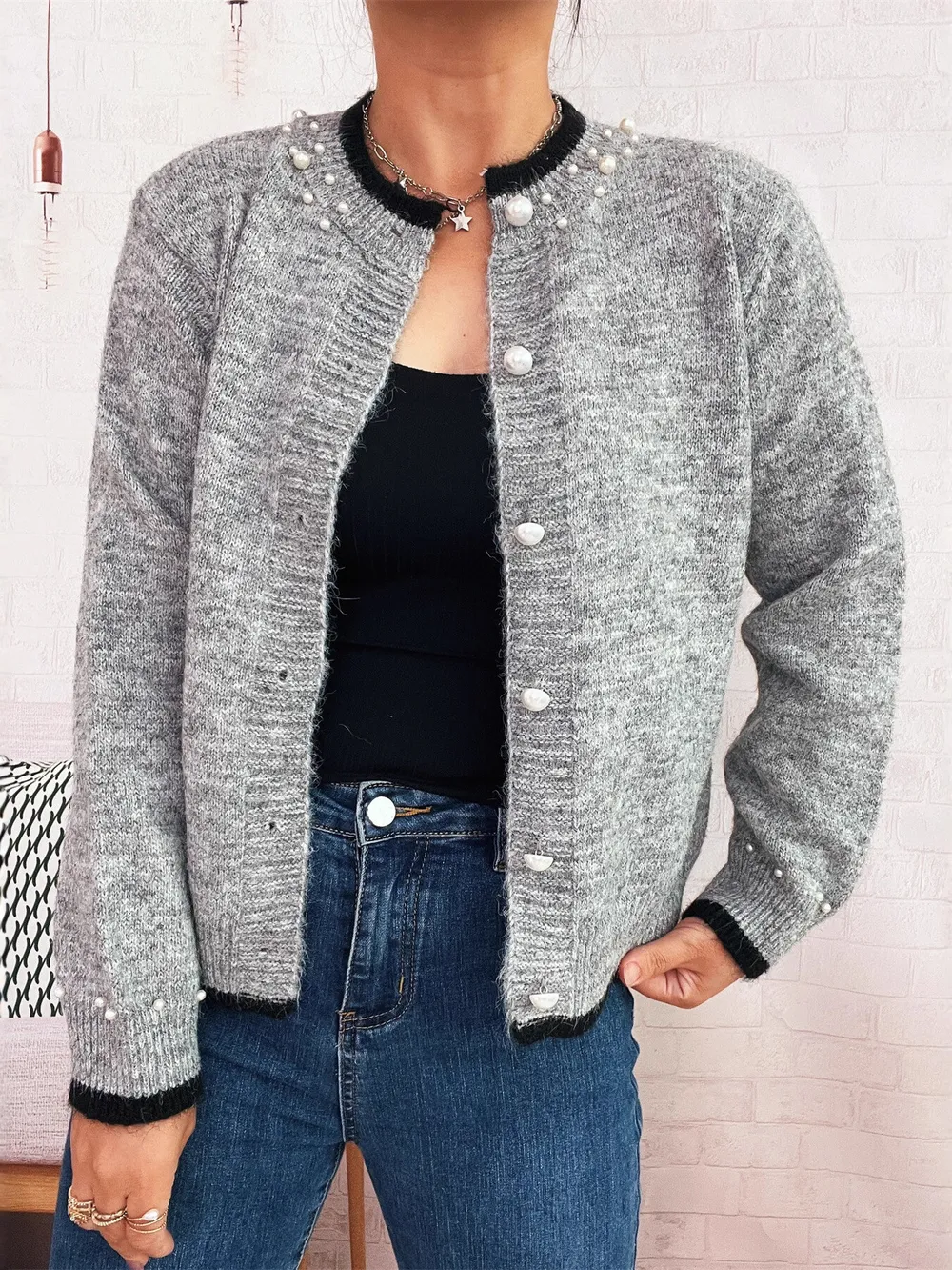 Pearl Embellished Button-Front Cardigan, image 18