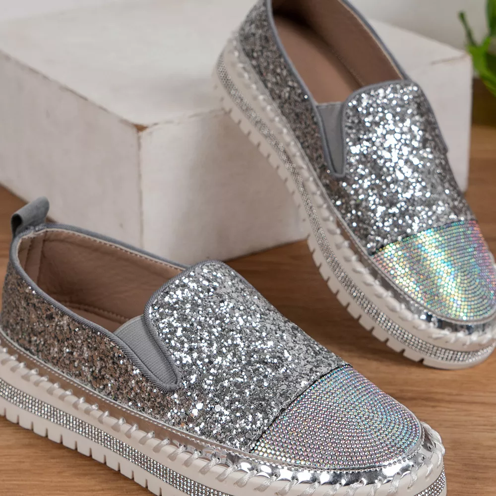 Rhinestone Sequin Round Toe Platform Loafers, image 16