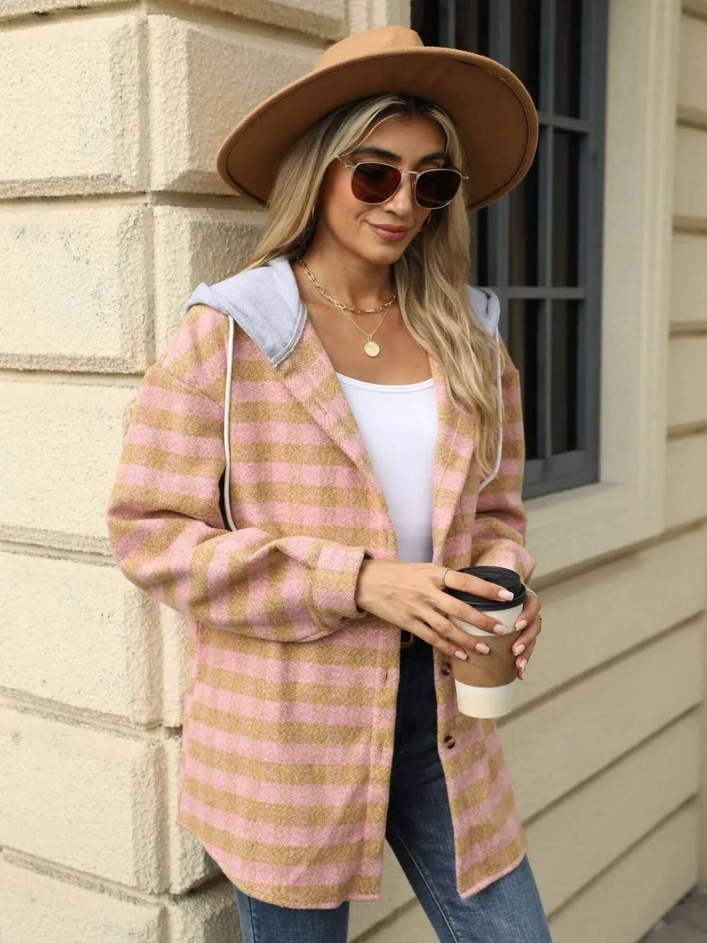 Plaid Button Up Long Sleeve Drawstring Hooded Jacket, image 18