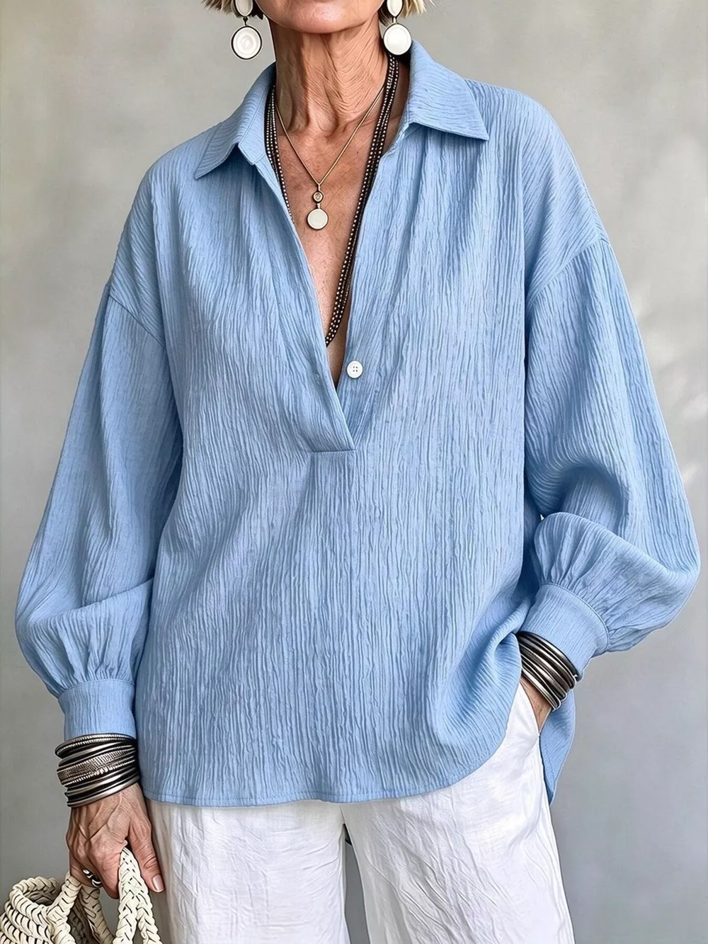 Full Size Textured Lantern Sleeves Blouse Plus Size, image 3