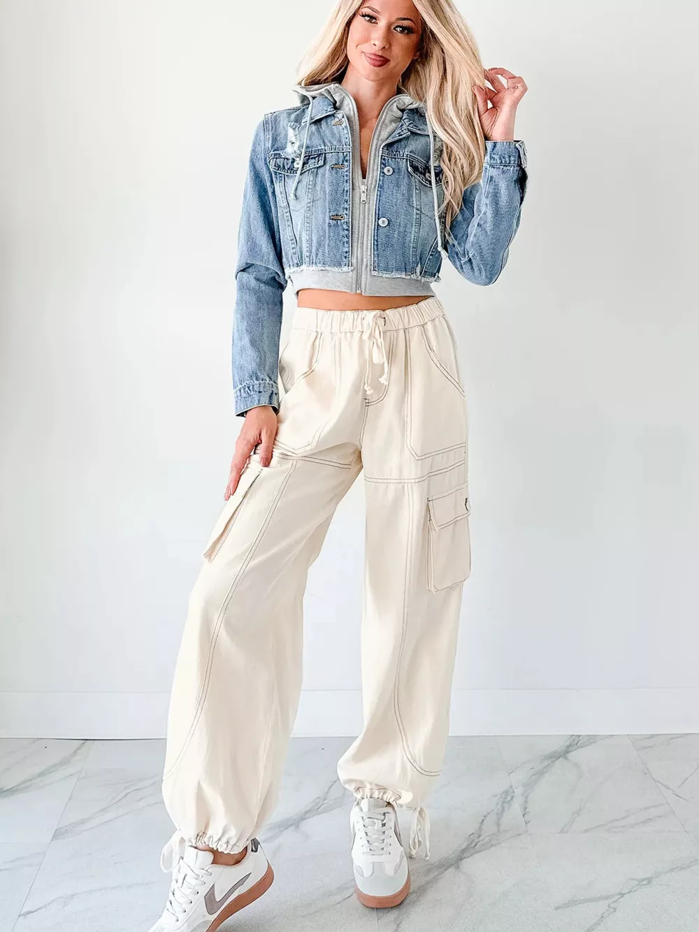 Distressed Zip Up Cropped Hooded Denim Jacket, image 10