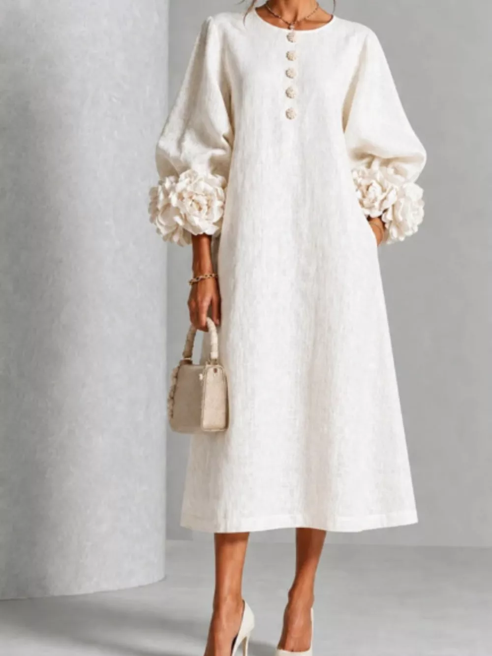 3D Floral Round Neck Midi Dress, image 5