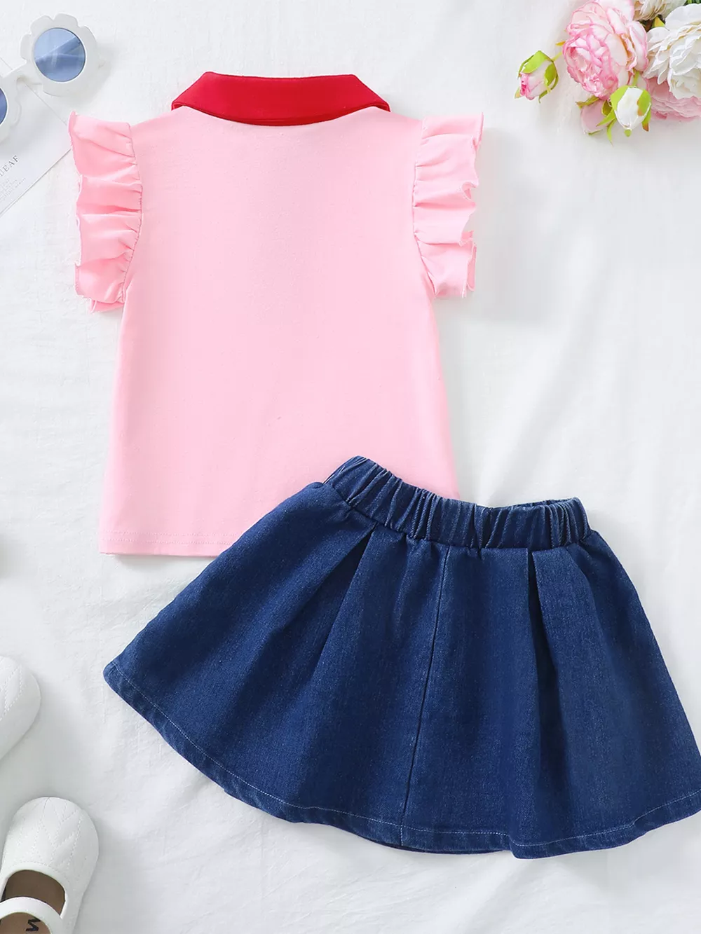 Children's Strawberry Embroidered Polo & Denim Skirt Set, image 8