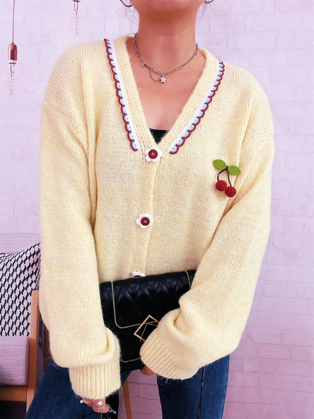 Cherry Button-Front Long Sleeve Cardigan, image 16
