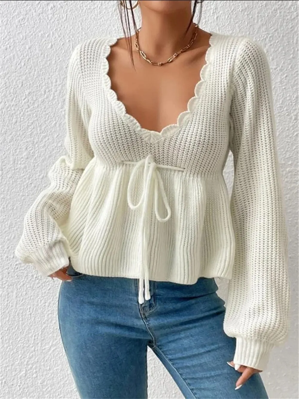 Scalloped V-Neck Drawstring Knit Top, image 2