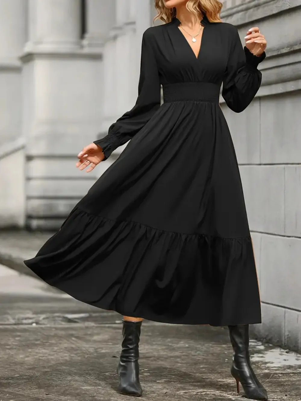Notched Long Sleeve Tiered Dress, image 9