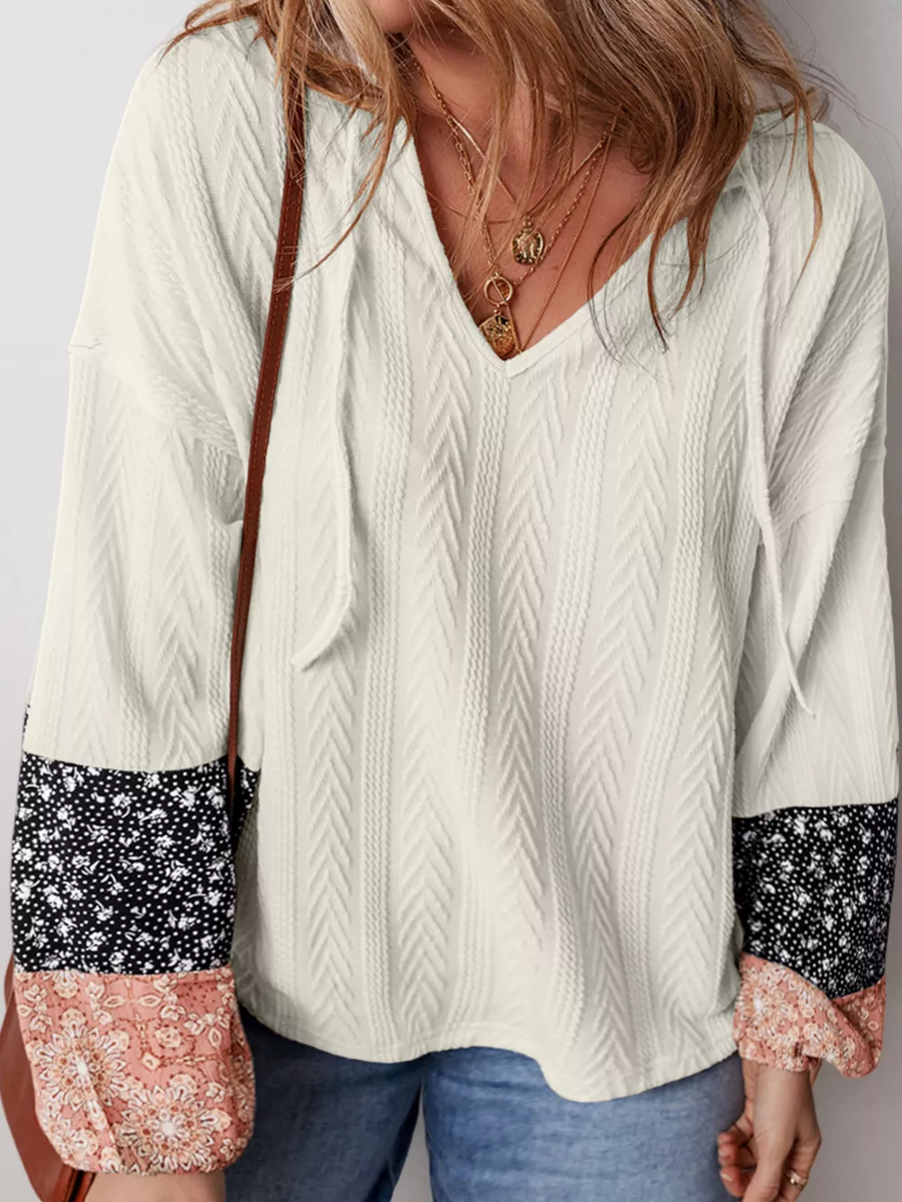 Floral Patchwork Textured Knit Drawstring V Neck Blouse