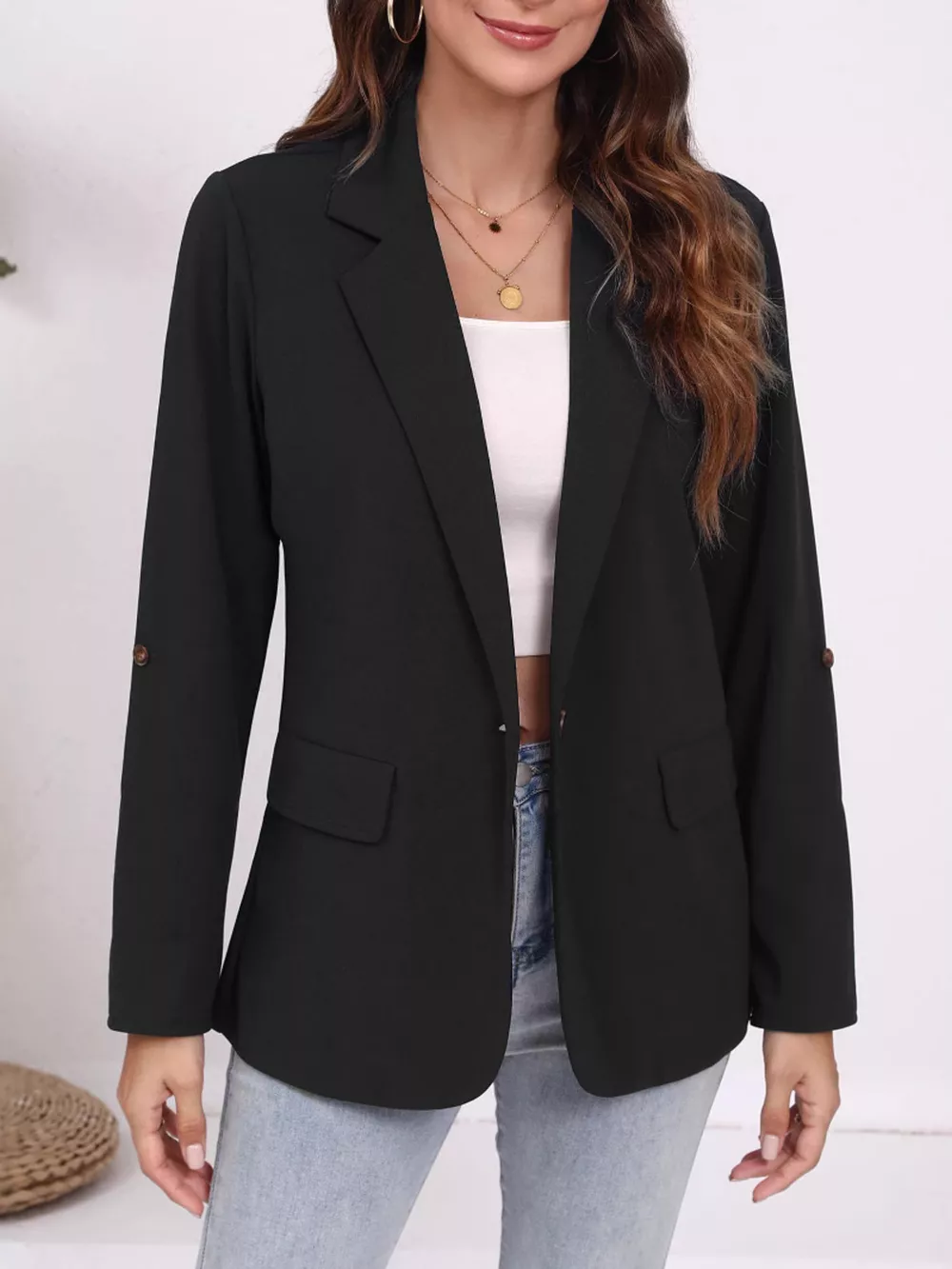 Lapel Collar Roll-Up Sleeve Blazer, image 3