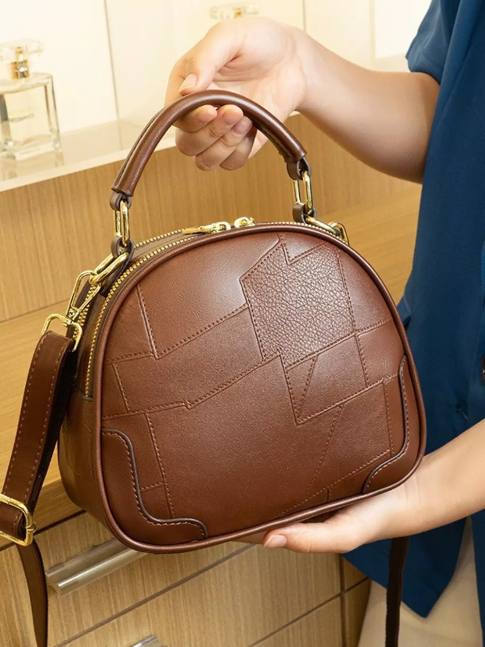 Patchwork Leather Crossbody Bag with Top Handle, image 3