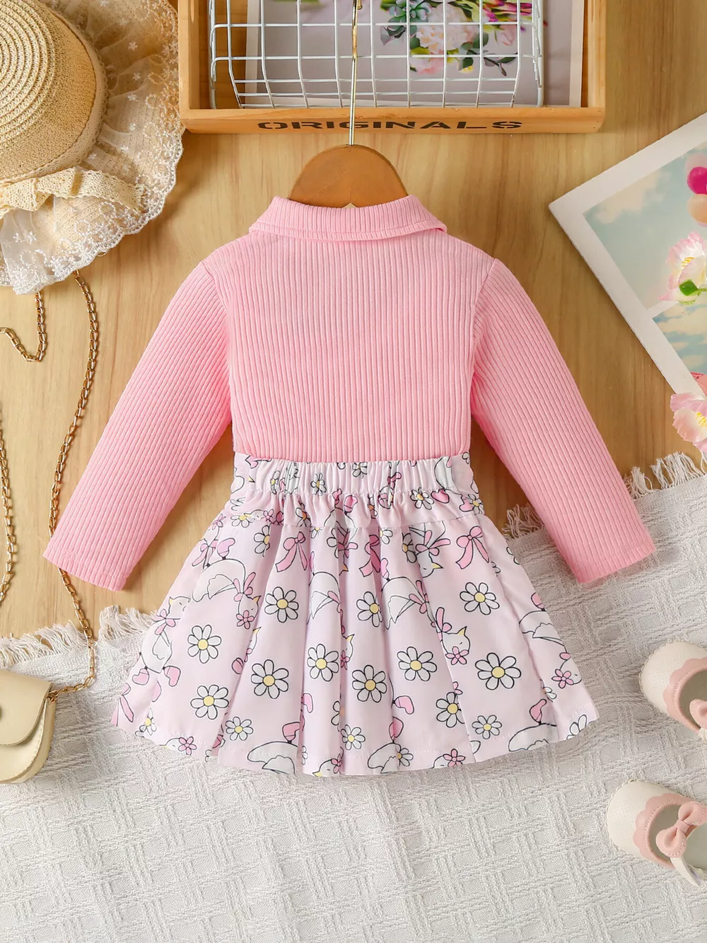 Children's Embroidered Ribbed Polo Shirt & Pleated Skirt Set, image 2