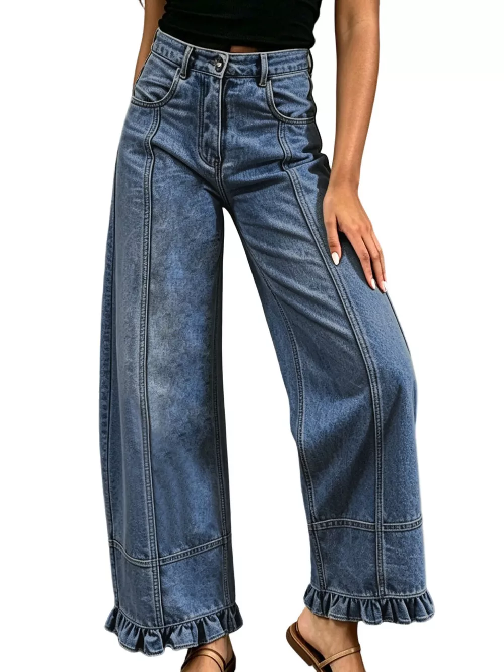 Full Size High-Waisted Wide-Leg Ruffled Hem Jeans Plus Size, image 7