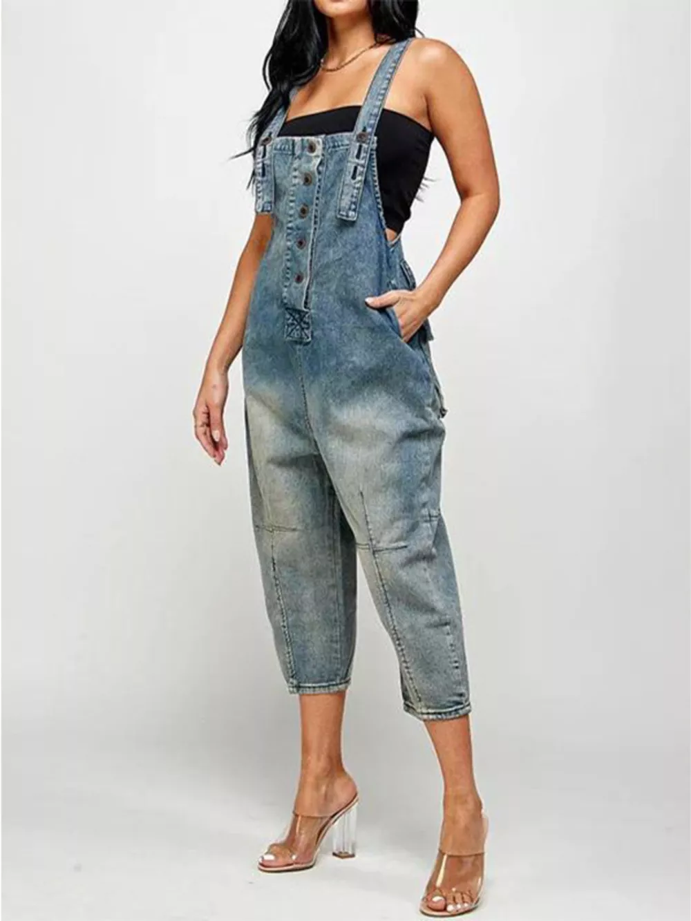 Full Size Button Front Denim Overalls with Pockets Plus Size, image 4