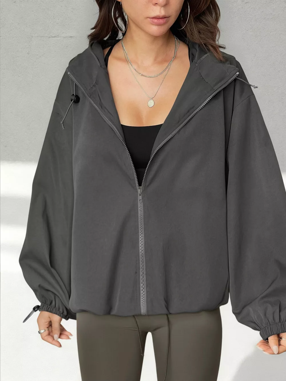Drawstring Zip Up Hooded Jacket, image 2
