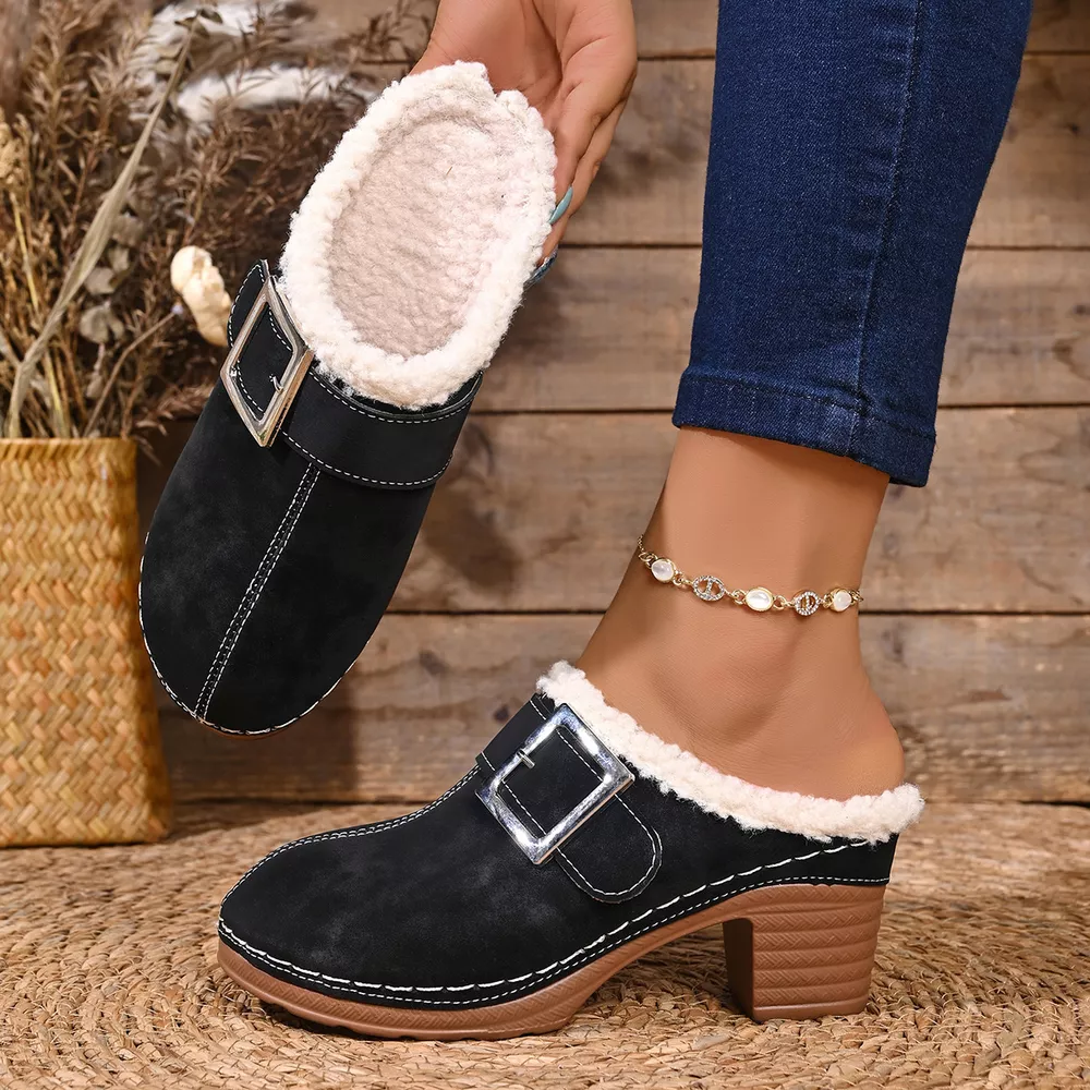 Faux Fur Lined Block Heel Shoes