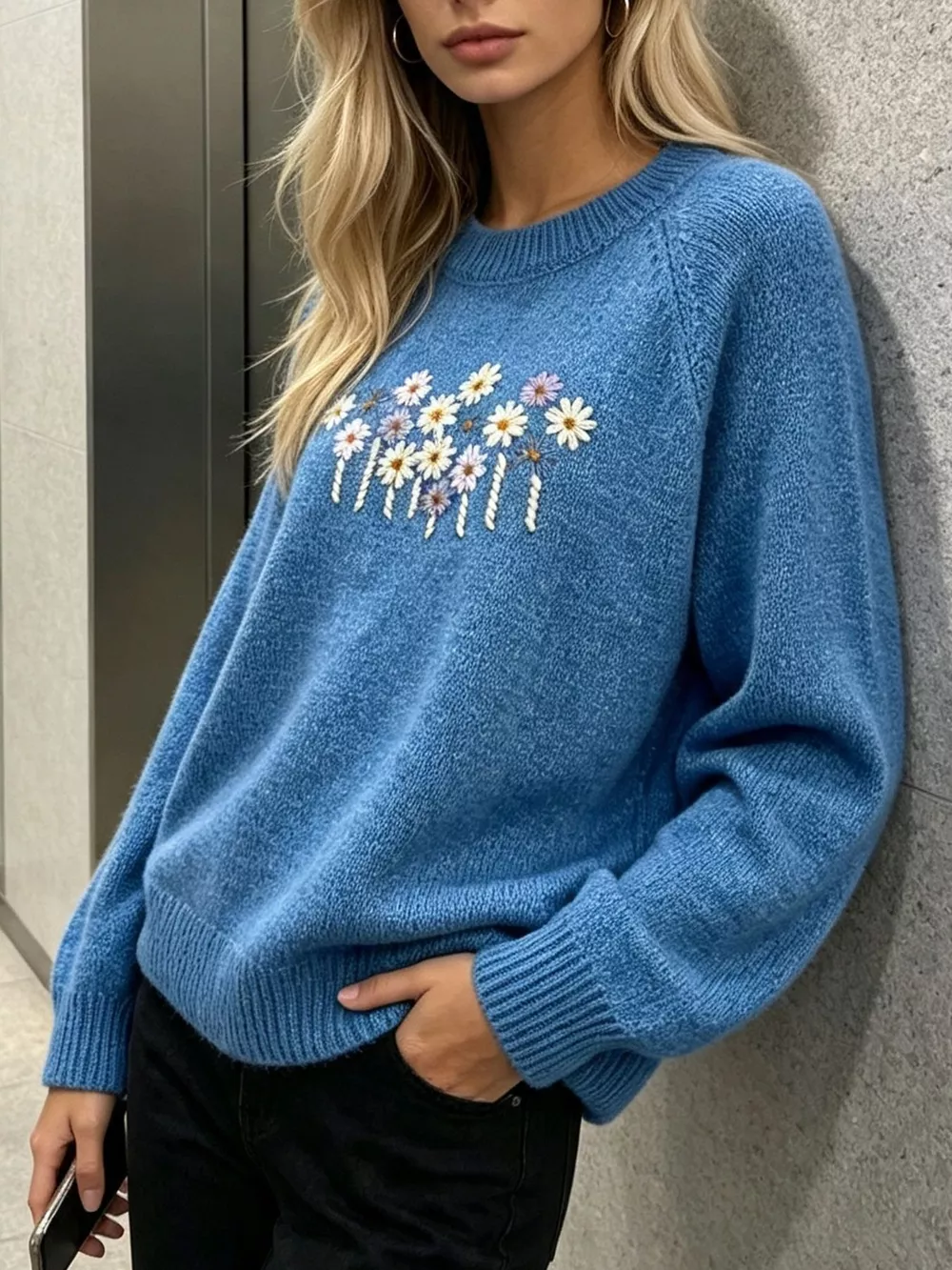 Floral Embroidered Round Neck Sweater, image 11