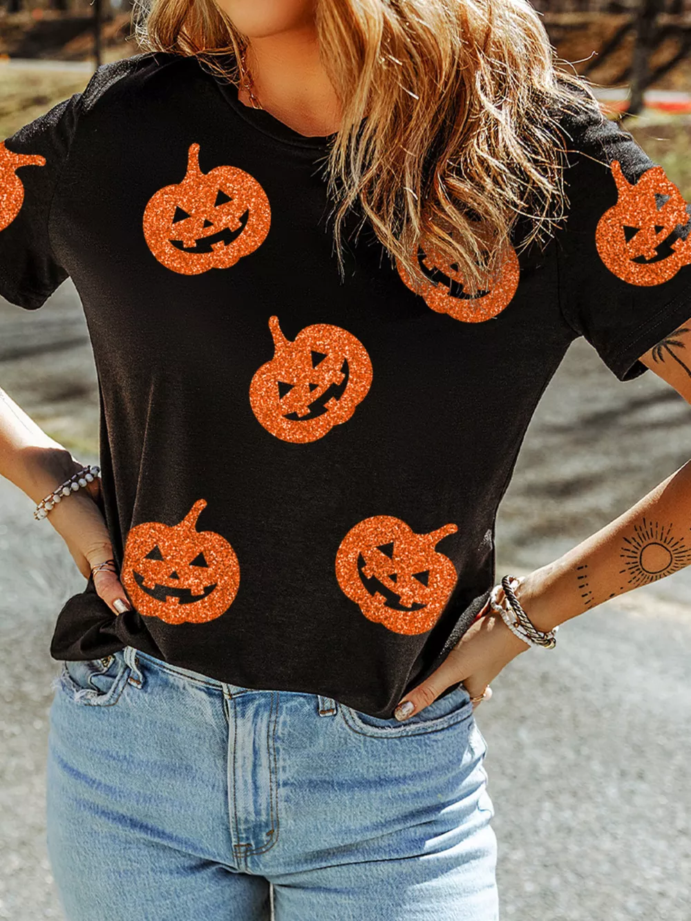Glittering Pumpkin Face Crewneck Halloween T Shirt, image 3