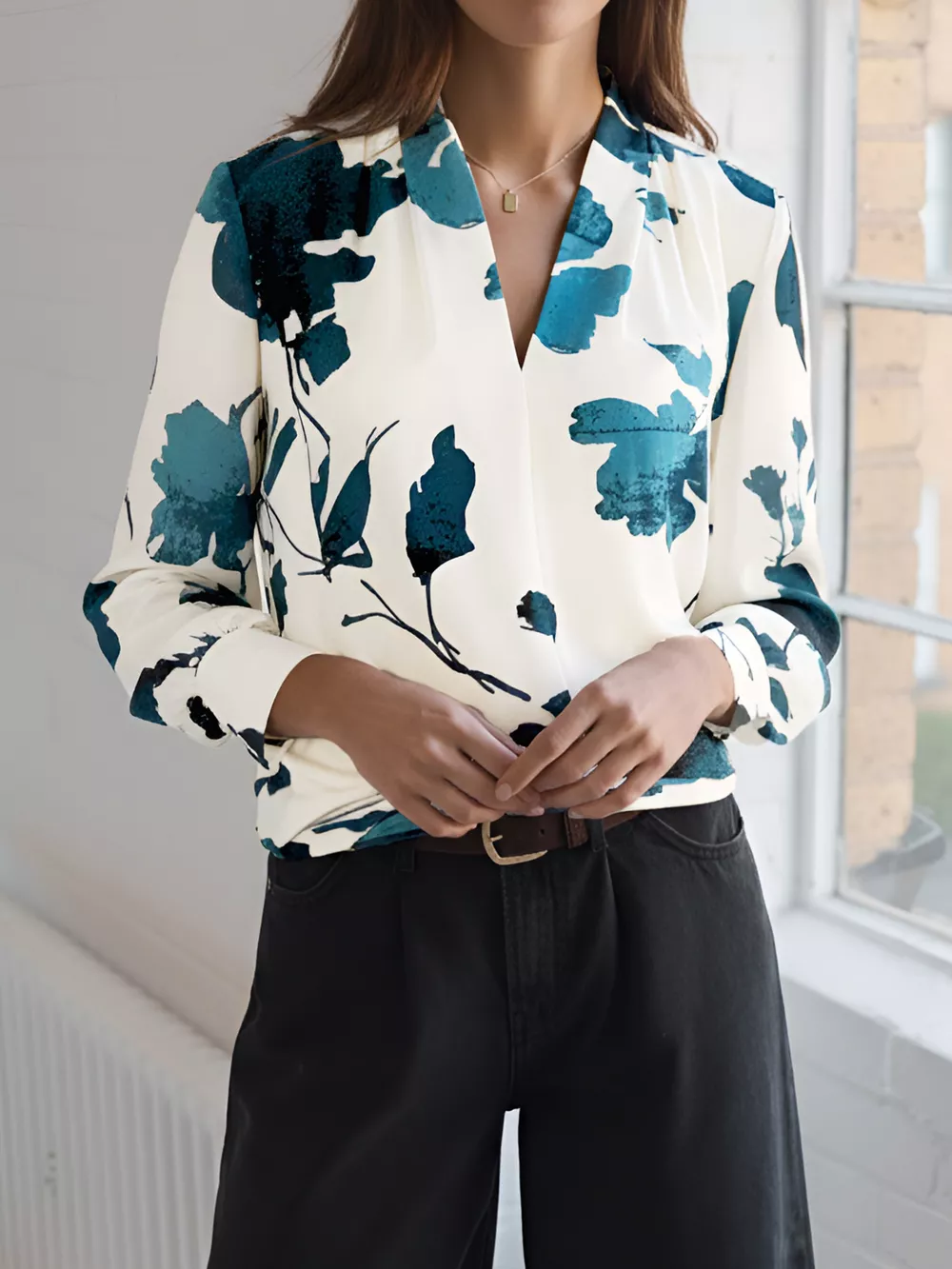 Printed V-Neck Long Sleeve Blouse, image 8