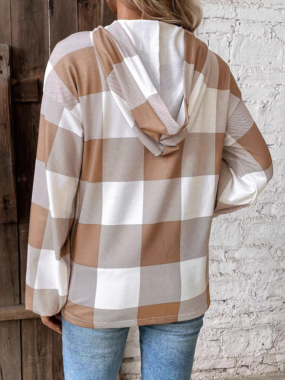 Casual Plaid Button Detail Hoodie, image 5