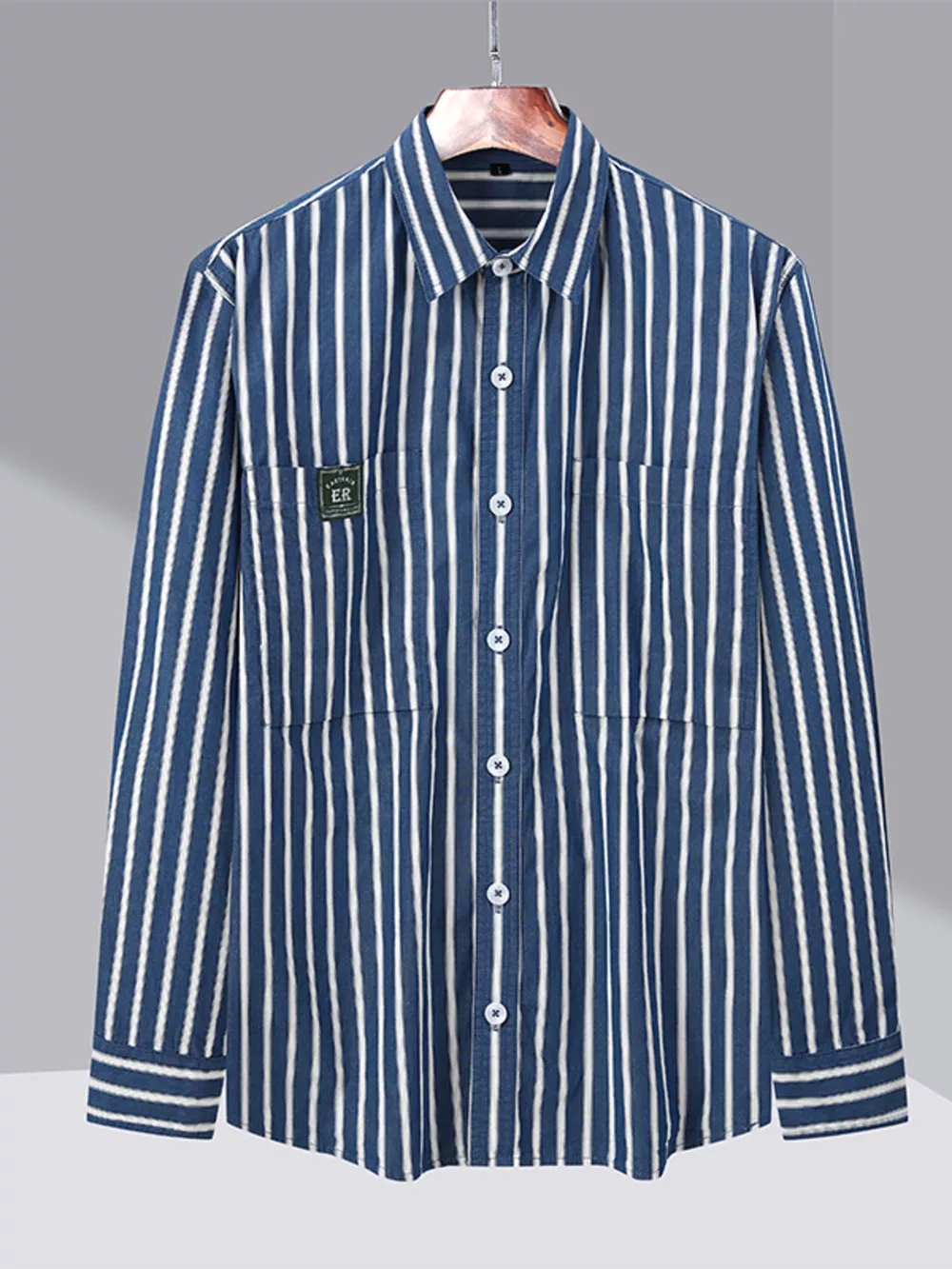 Men's Plus Size Button Up Long Sleeve Striped Shirt, image 7