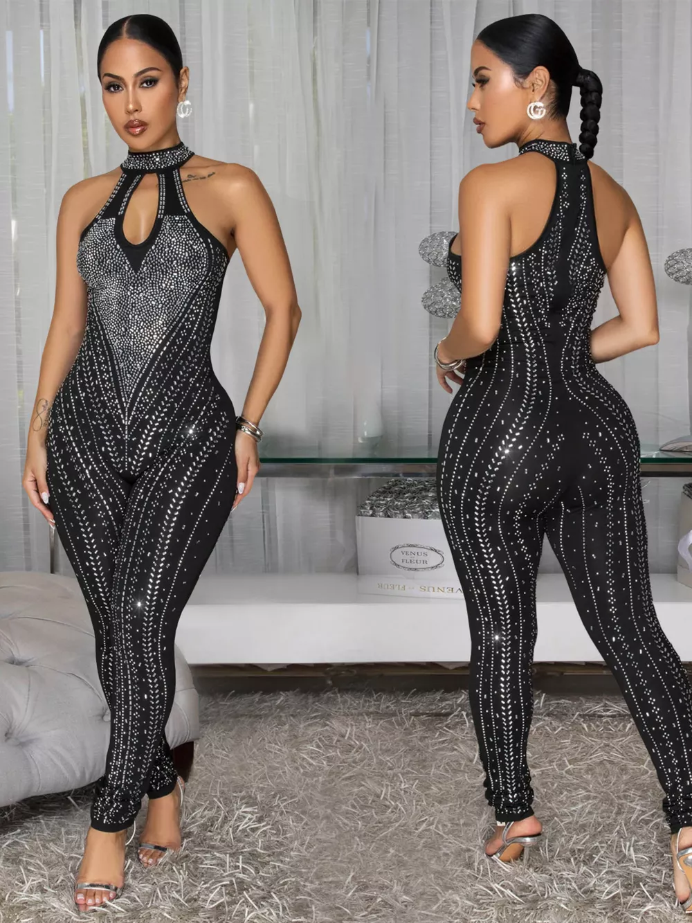Sparkling Rhinestone Cutout Jumpsuit, image 5