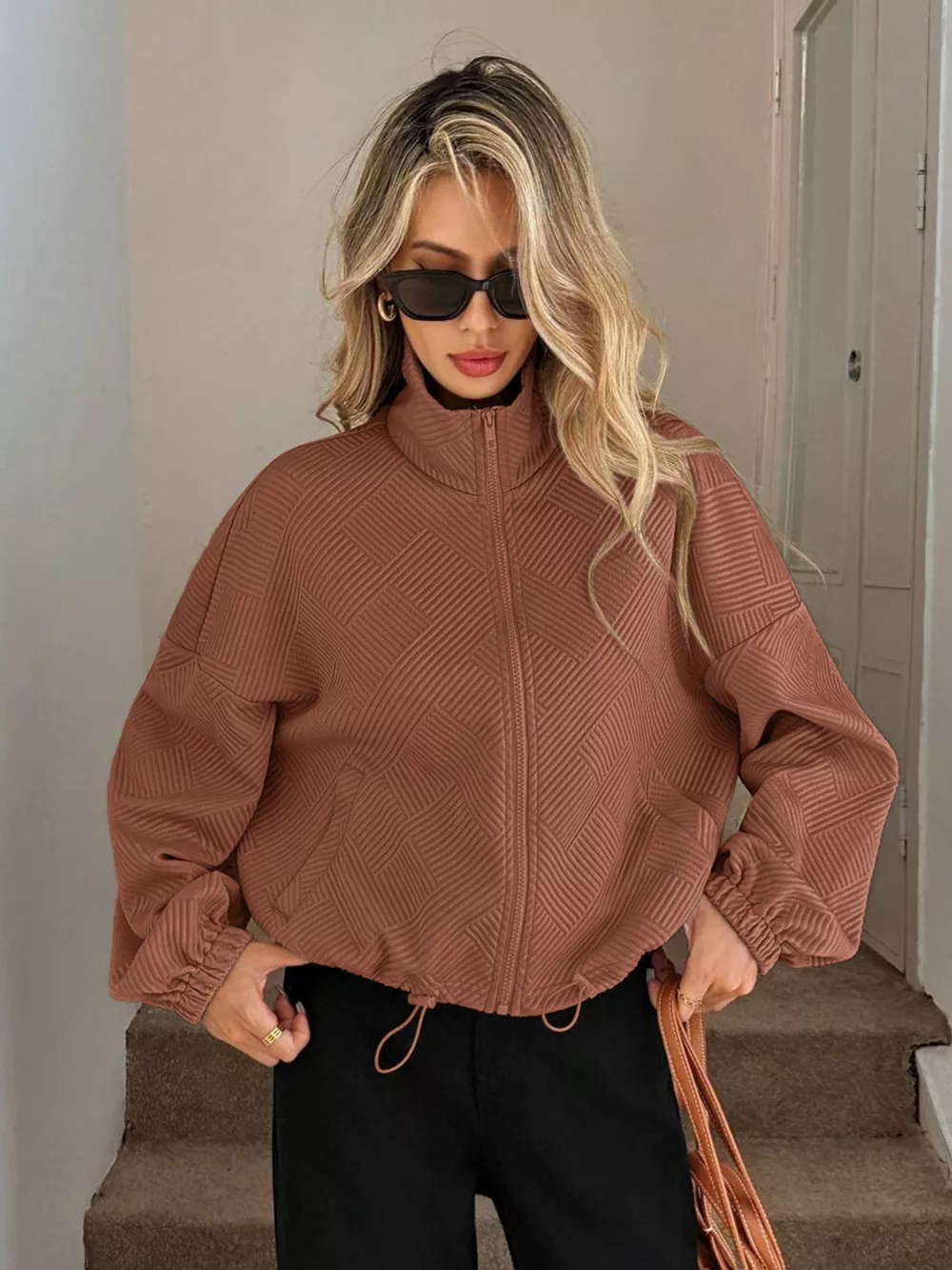 Drawstring Hem Textured Long Sleeve Jacket, image 19
