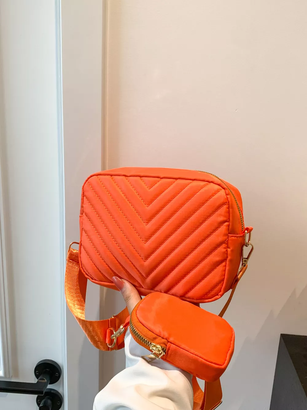 Chevron Quilted Crossbody Bag with Mini Pouch, image 12