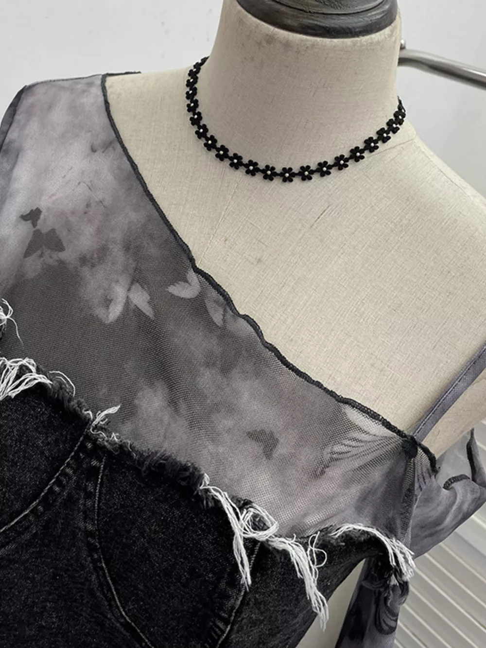 Asymmetrical Neck Denim Patchwork Top, image 12