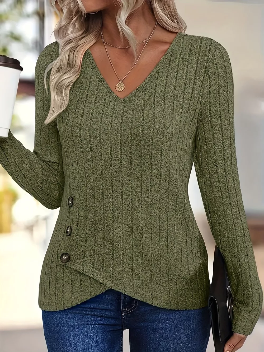 Ribbed Knit V-Neck Long Sleeve T-Shirt, image 6
