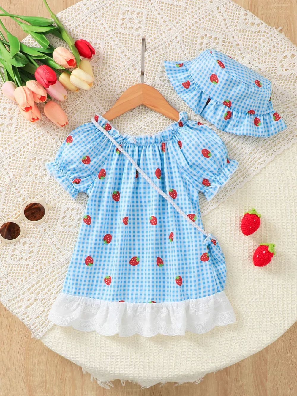 Children's Strawberry Gingham Dress with Matching Purse & Hat Set, image 5