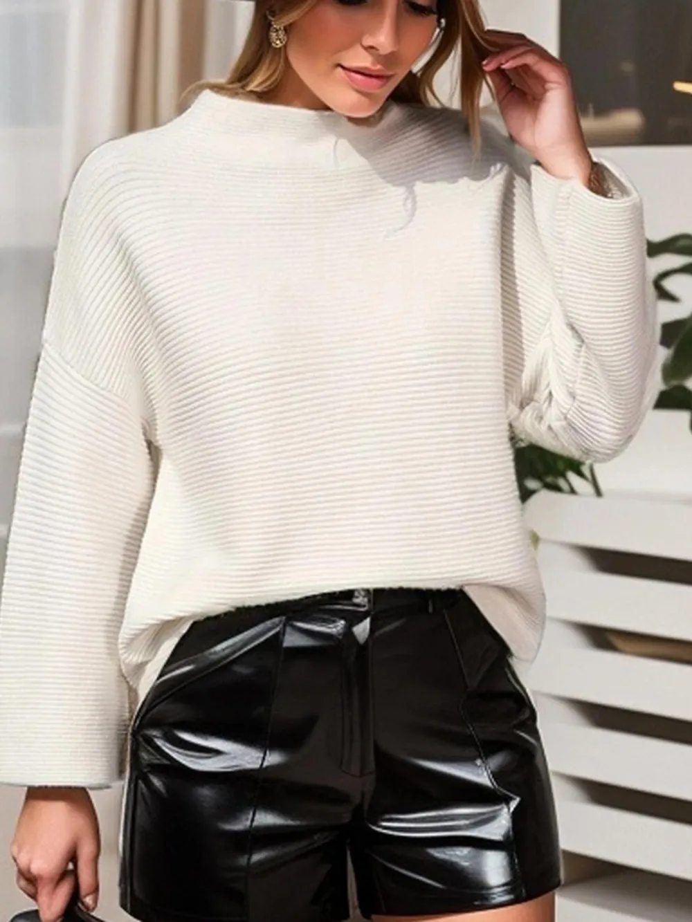 Mock Neck Drop Shoulder Knit Top, image 9
