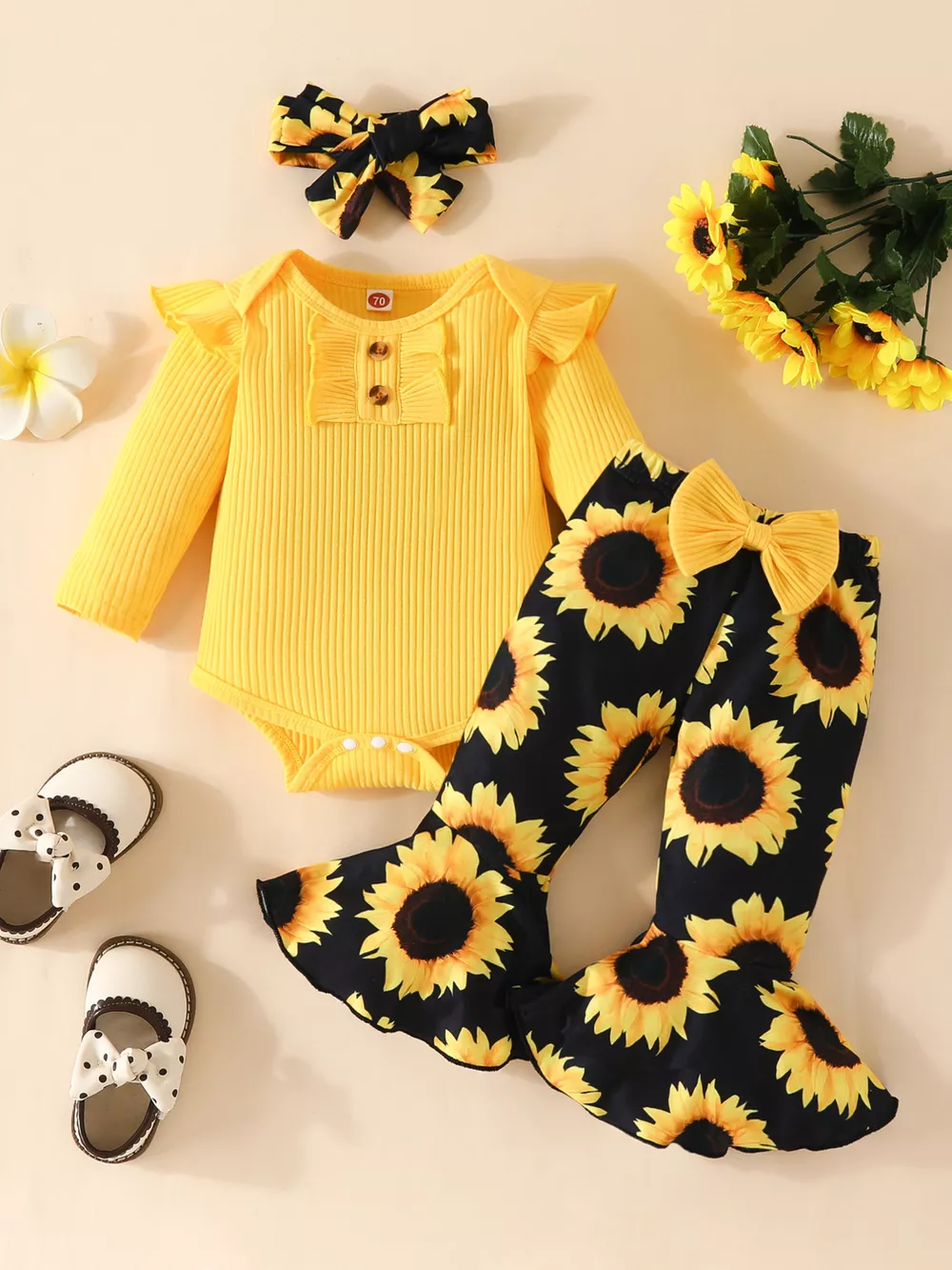 Children's Ruffled Ribbed Top and Sunflower Pants Set, image 2