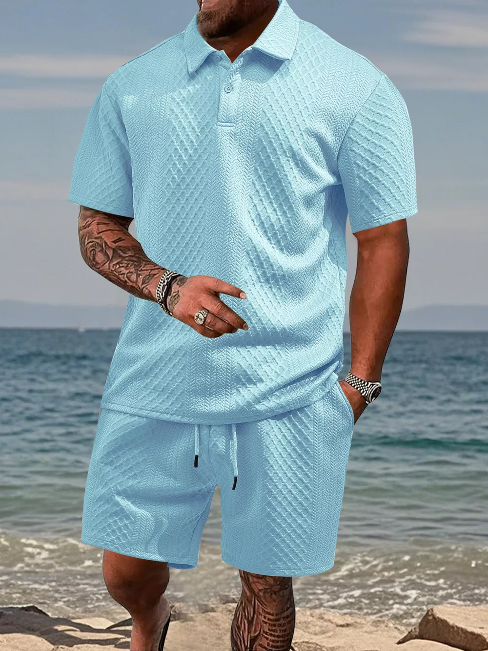 Men's Full Size Textured Knit Polo Shirt & Shorts Set Plus Size, image 4