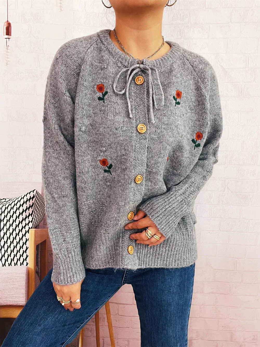 Rose Embroidered Button-Up Cardigan, image 8