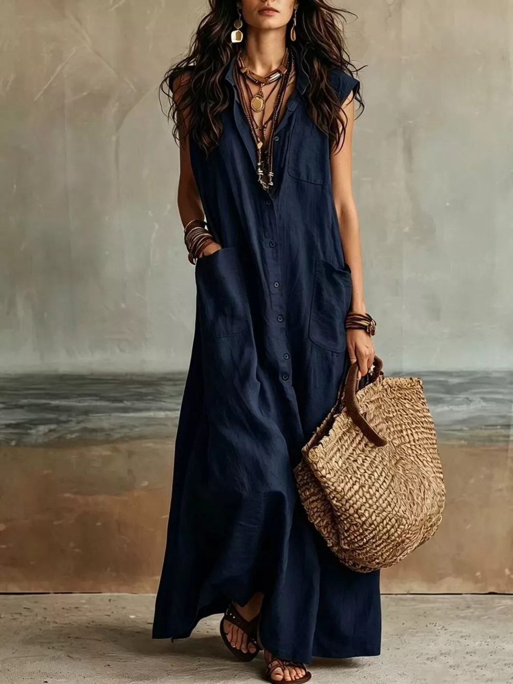 Sleeveless Button-Down Linen Maxi Dress, image 6