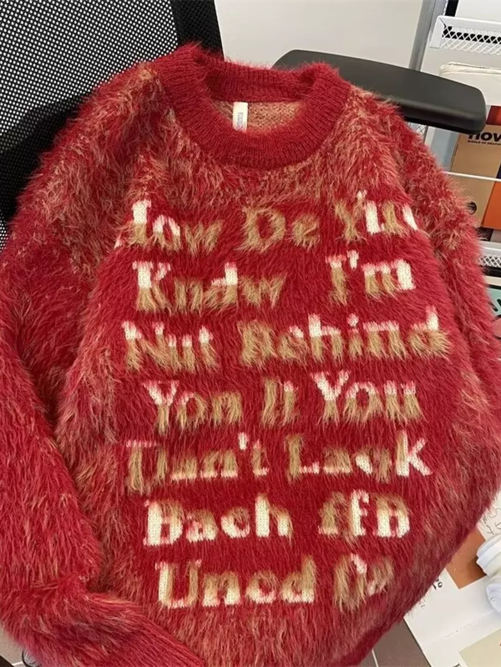 Men's Letter Fuzzy Round Neck Sweater, image 3