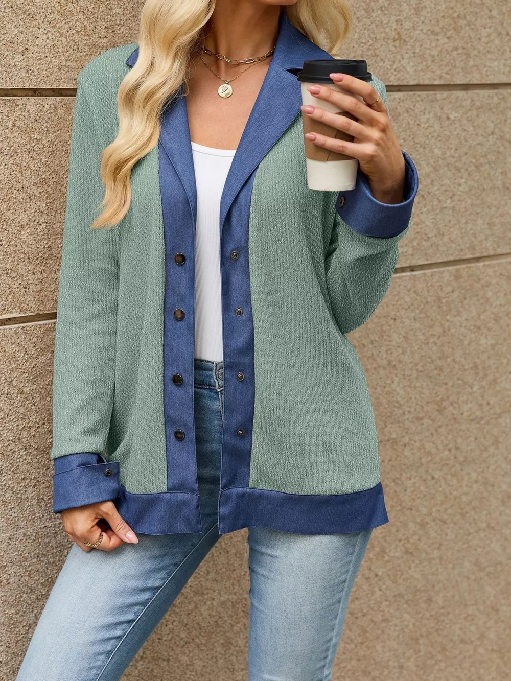 Contrast Denim Lapel Collar Outerwear, image 9