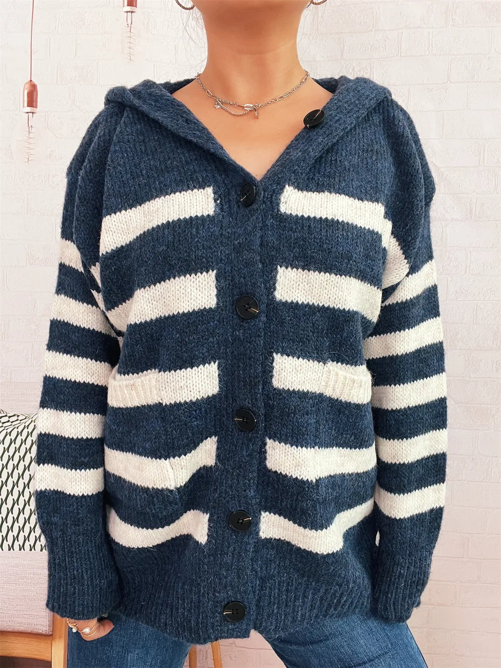 Striped Button-Up Hooded Cardigan, image 24