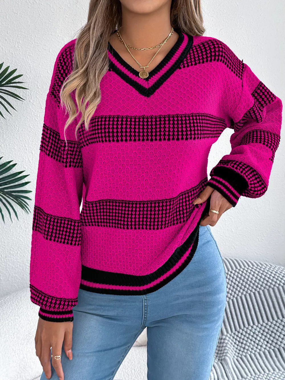 Contrast Striped V-Neck Sweater, image 15