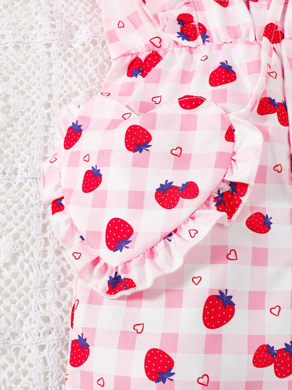 Children's Strawberry Print Ruffle Trim Jumpsuit & Headband Set, image 4