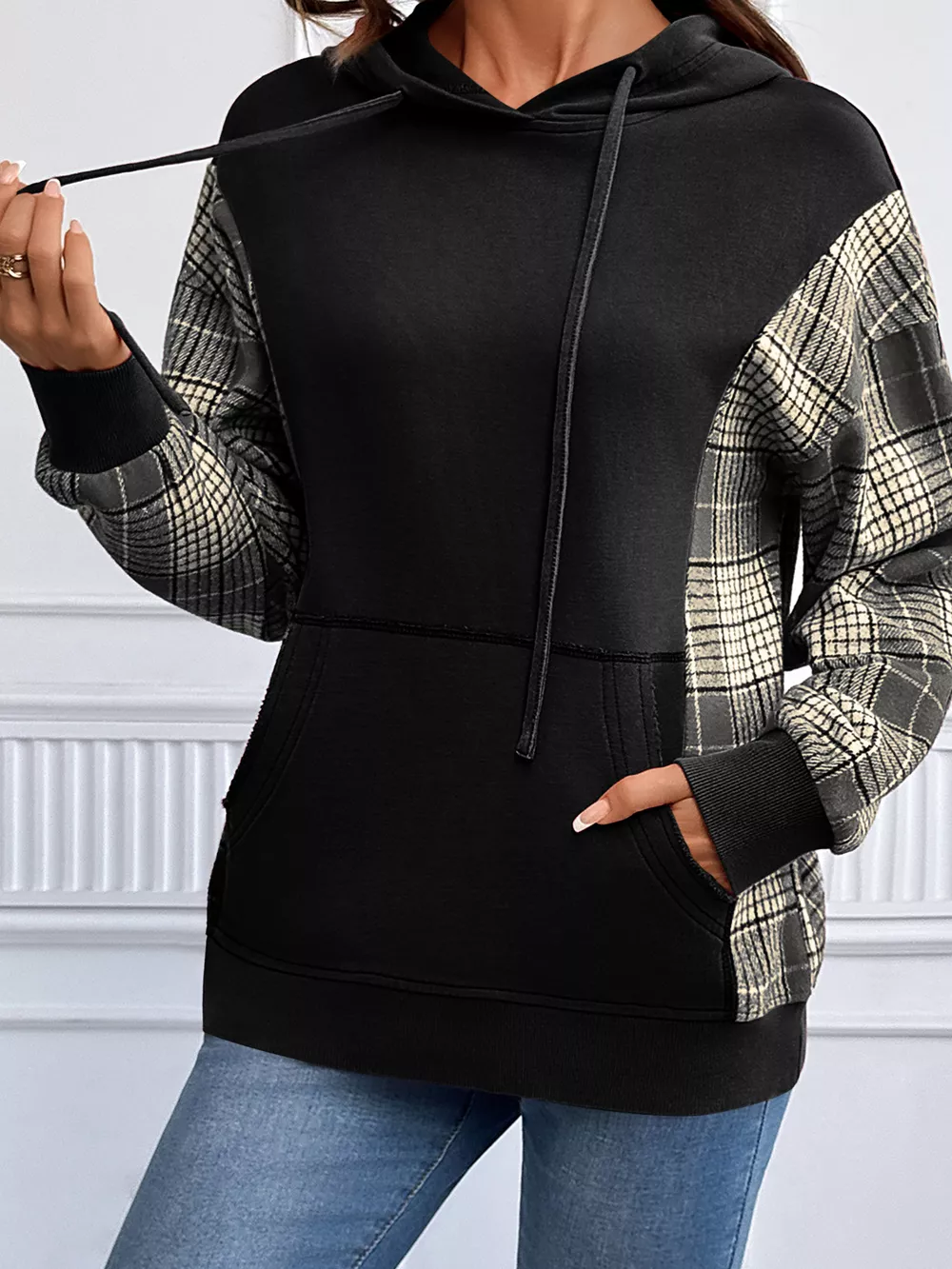 Plaid Sleeve Drawstring Pocket Hoodie, image 23