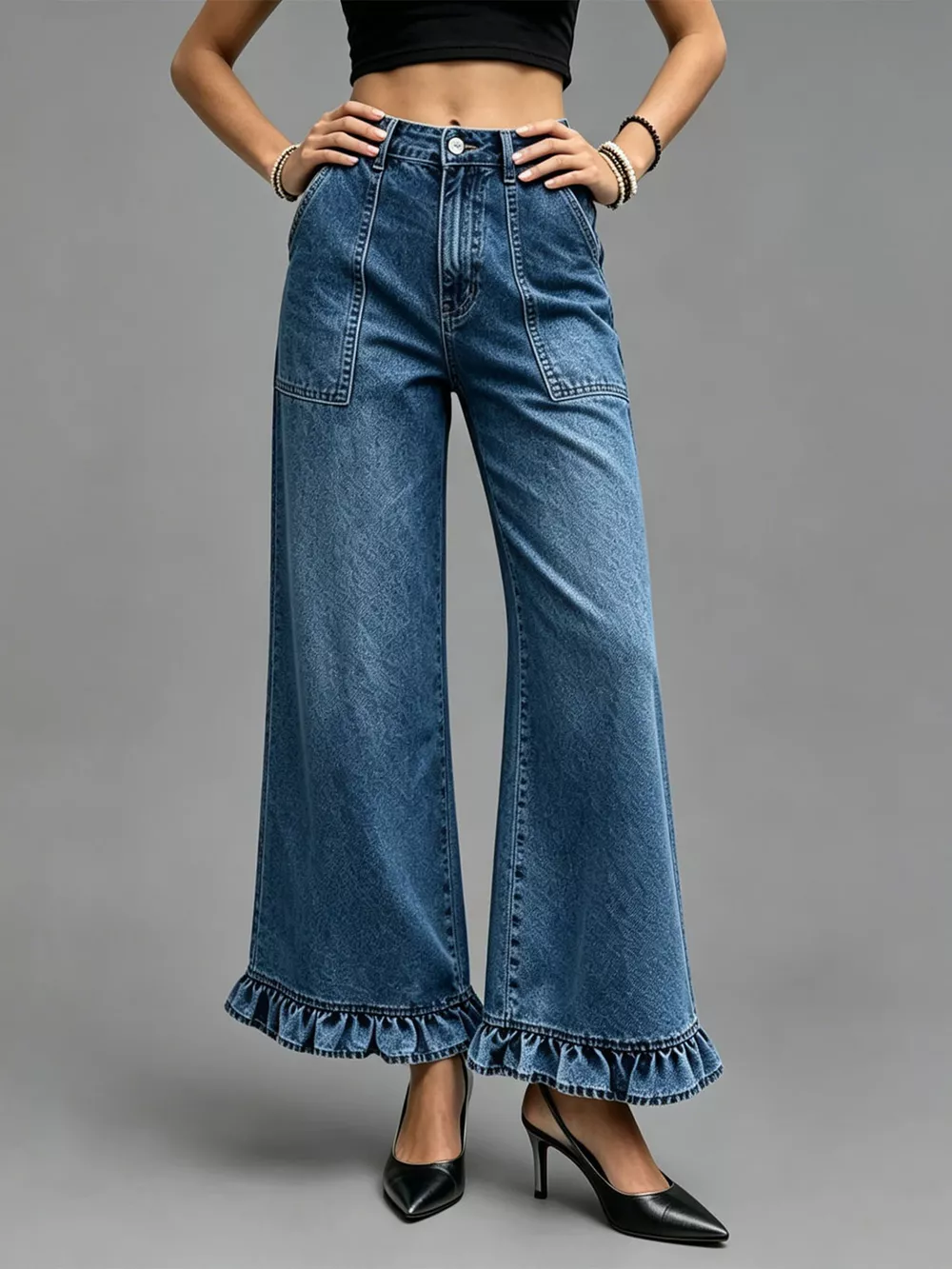 High-Waisted Wide-Leg Ruffle Hem Jeans, image 4