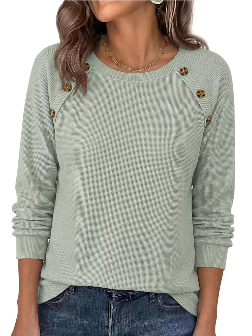 Decorative Button Waffle Knit Long Sleeve T-Shirt, image 6