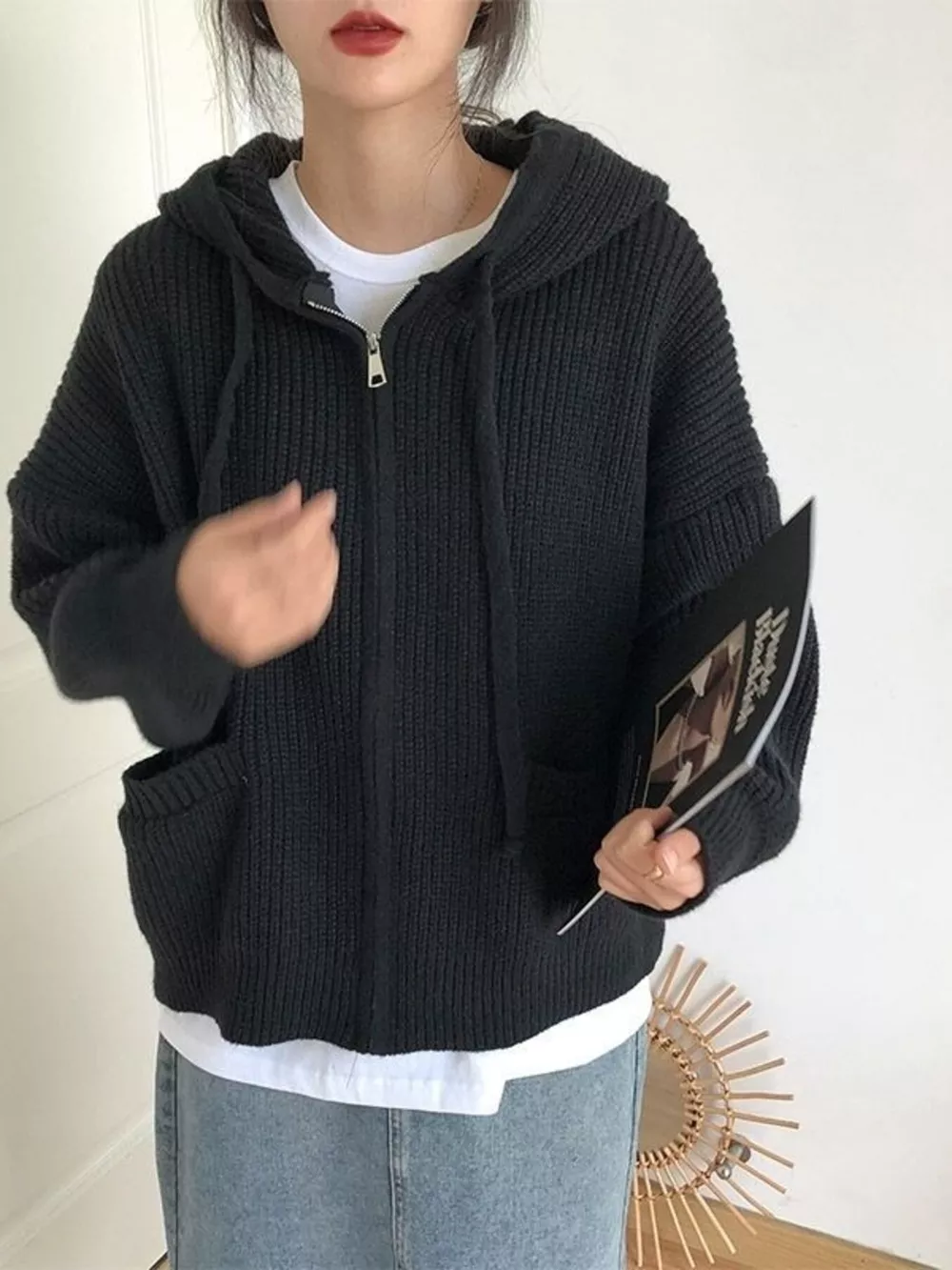 Casual Knitted Zip-Up Hooded Cardigan, image 10