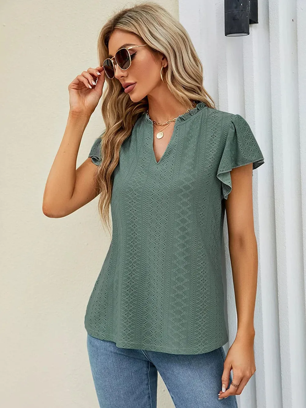 Eyelet Notched Short Sleeve T-Shirt, image 7
