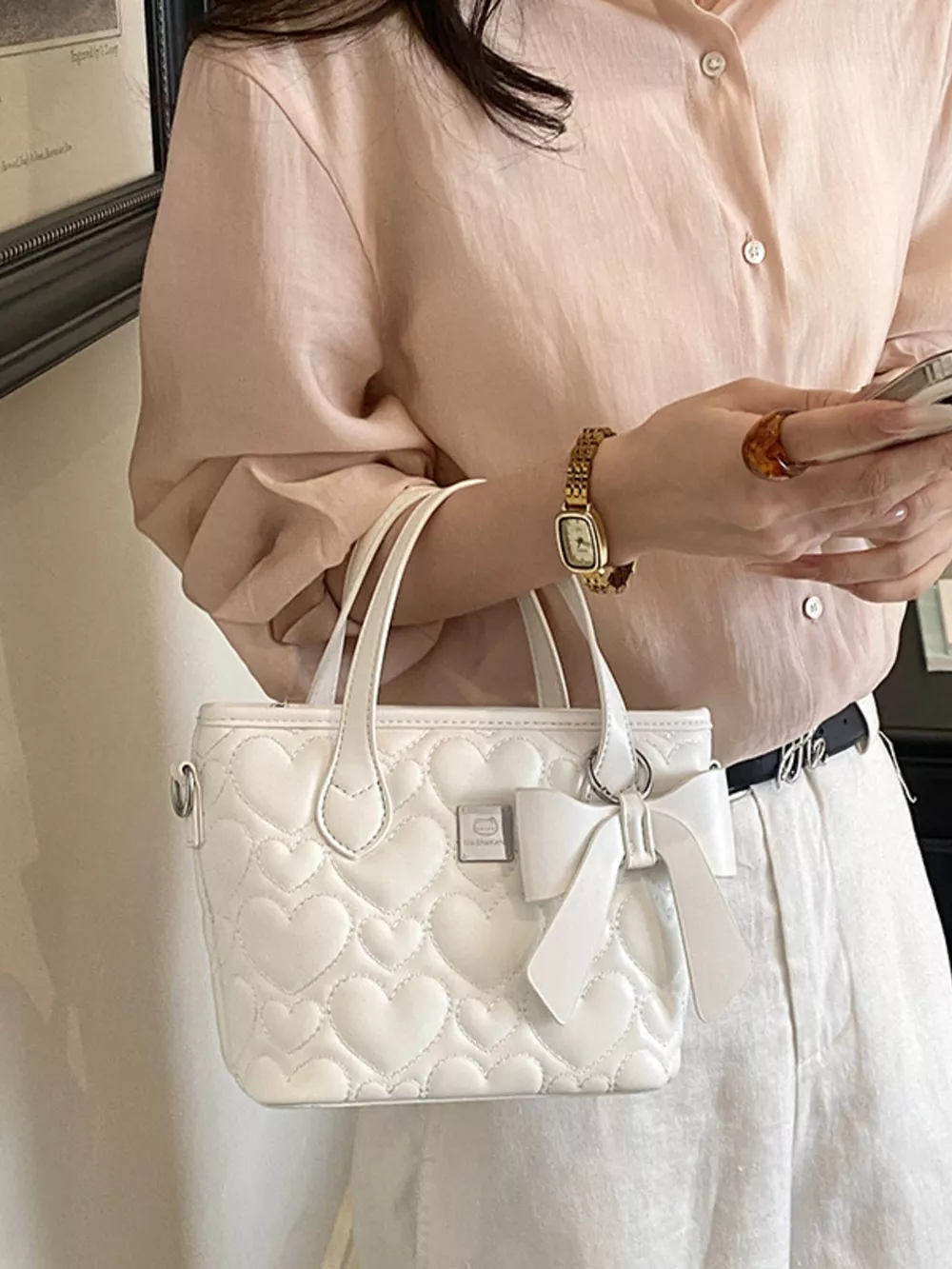 Chic Quilted Heart Crossbody Bag with Bow Accent, image 3