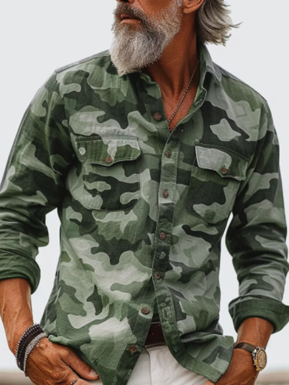 Men's Full Size Camouflage Print Shirt with Dual Chest Pockets Plus Size