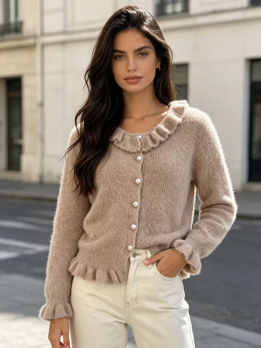 Soft Fuzzy Cardigan with Ruffled Collar and Pearl Buttons, image 19